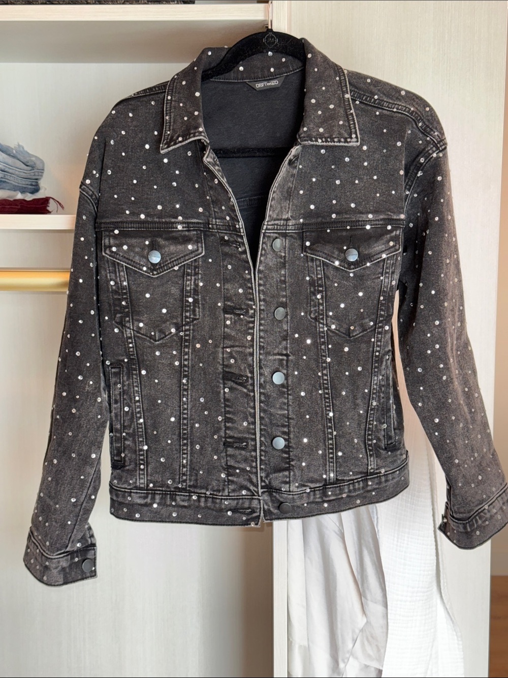 DRIFTWOOD (Nordstrom) Distressed Black Studded Denim Jacket - Women size Small